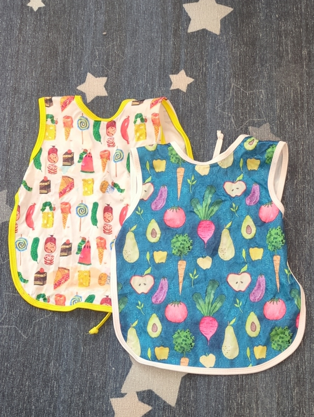 Reversible Kids Bib Set - Blue Veggie & White Treat Print